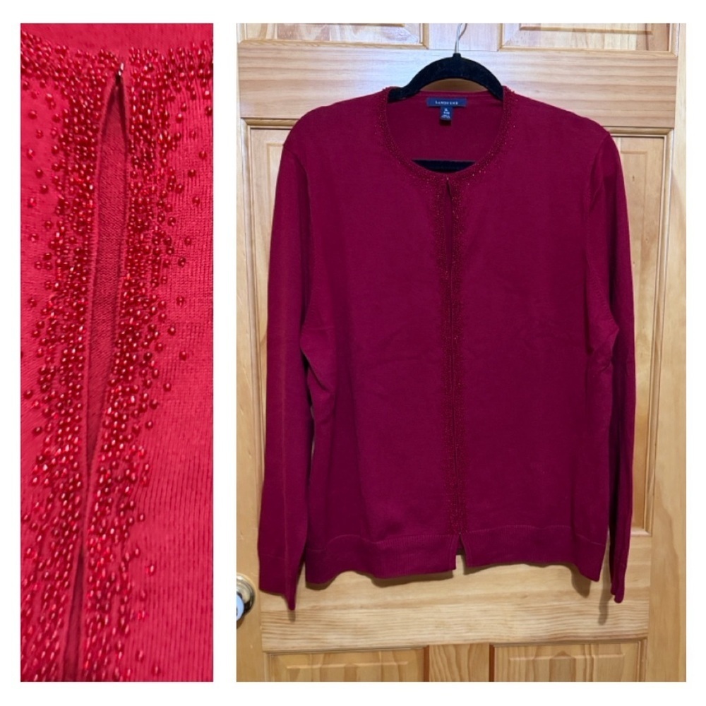 Lands' End Red Raspberry Seed Beaded Knit Sweater, Size XL.